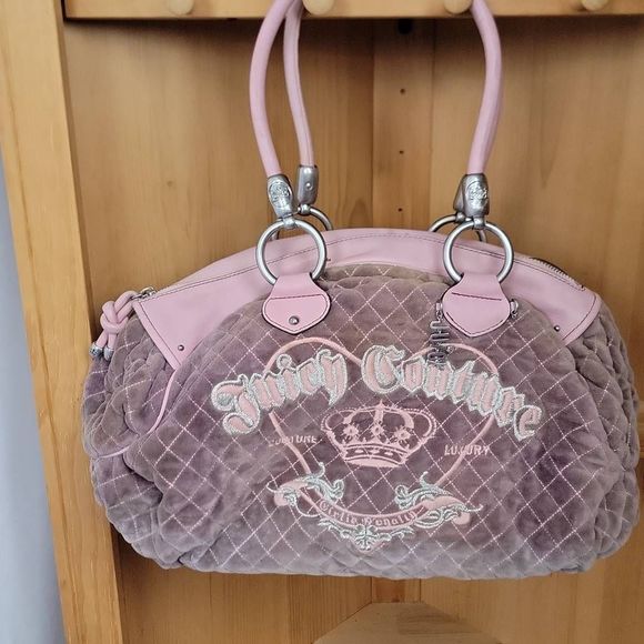 Vintage Rare Y2K Juicy Couture Purple Pink Quilted Velour Charm Bag - Picture 11 of 12